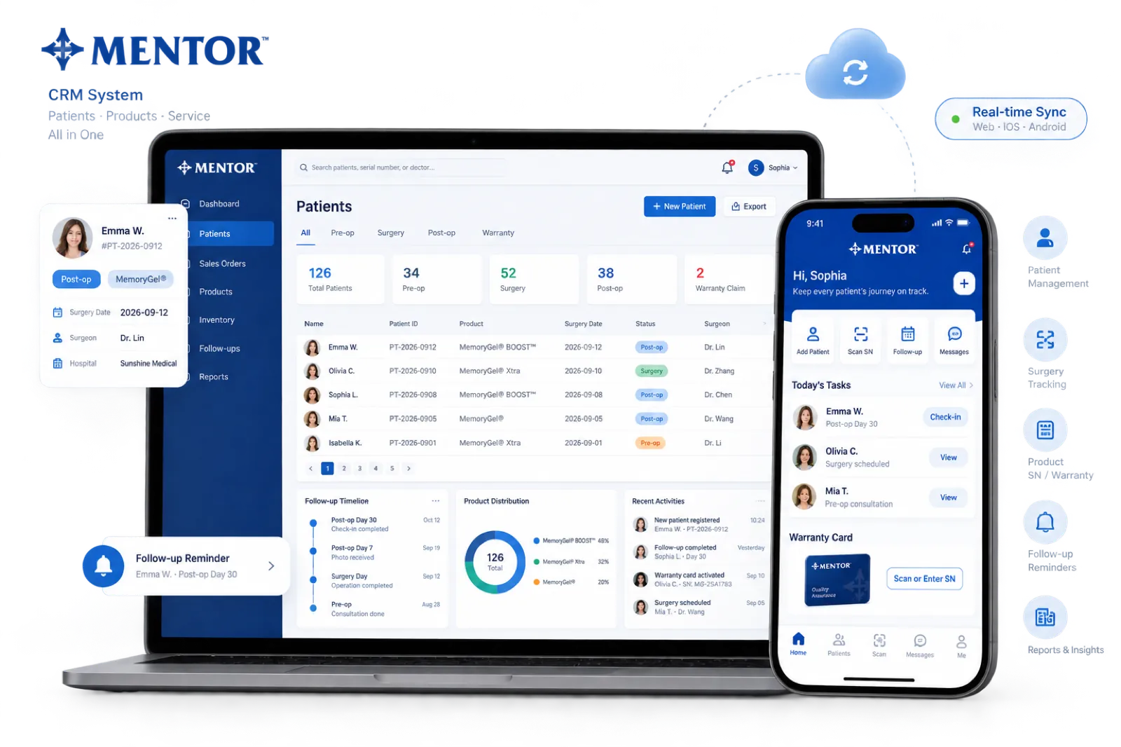 MENTOR CRM system shown across laptop and mobile interfaces