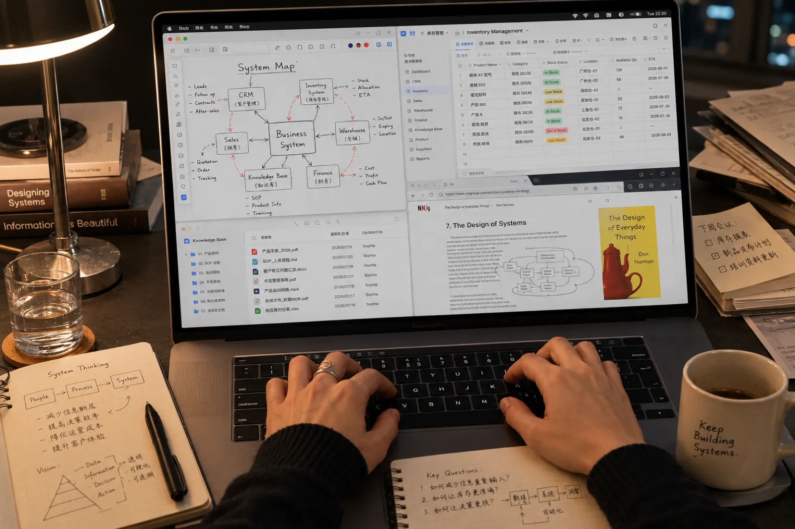 Operational system map and working documents on a laptop screen